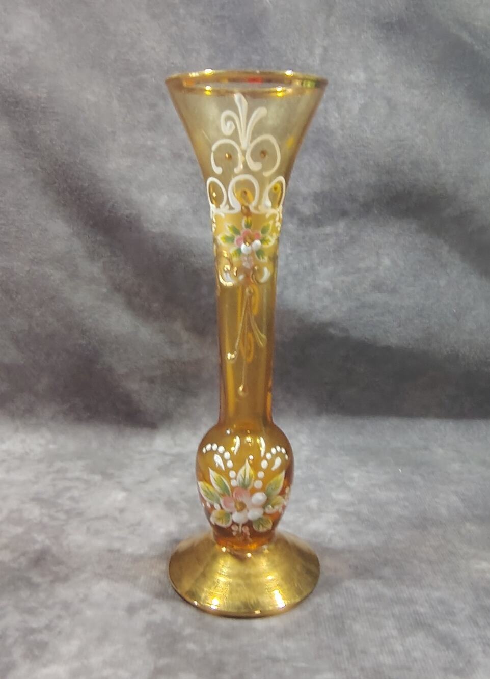 Vintage Hand Painted Bohemian Amber Glass Bud Vase 6" Tall